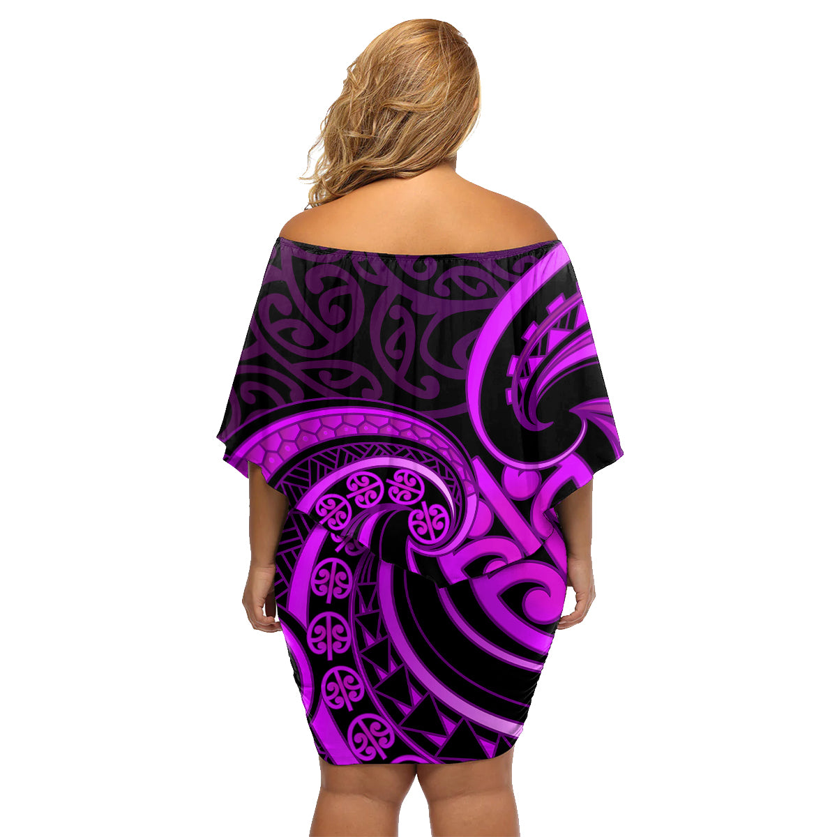 Purple Aotearoa Mangopare Family Matching Off Shoulder Short Dress and Hawaiian Shirt NZ Maori Koru Style