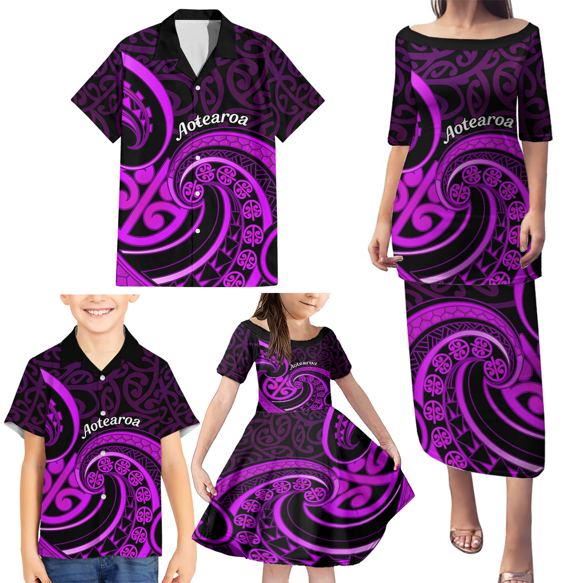 Purple Aotearoa Mangopare Family Matching Puletasi and Hawaiian Shirt NZ Maori Koru Style