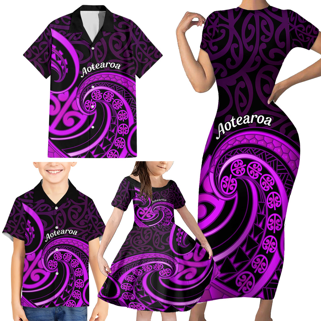 Purple Aotearoa Mangopare Family Matching Short Sleeve Bodycon Dress and Hawaiian Shirt NZ Maori Koru Style
