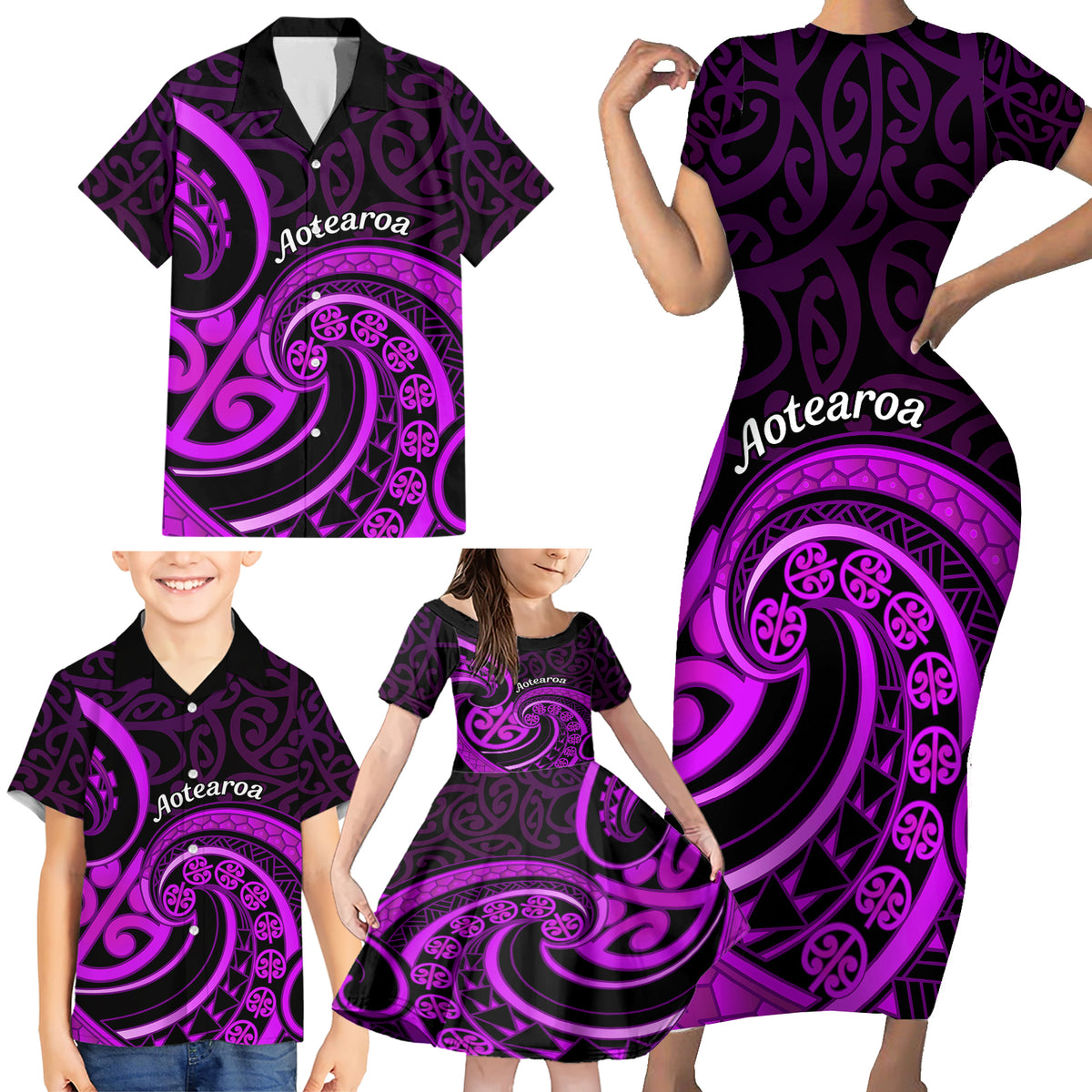 Purple Aotearoa Mangopare Family Matching Short Sleeve Bodycon Dress and Hawaiian Shirt NZ Maori Koru Style