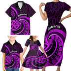Purple Aotearoa Mangopare Family Matching Short Sleeve Bodycon Dress and Hawaiian Shirt NZ Maori Koru Style