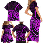 Purple Aotearoa Mangopare Family Matching Short Sleeve Bodycon Dress and Hawaiian Shirt NZ Maori Koru Style