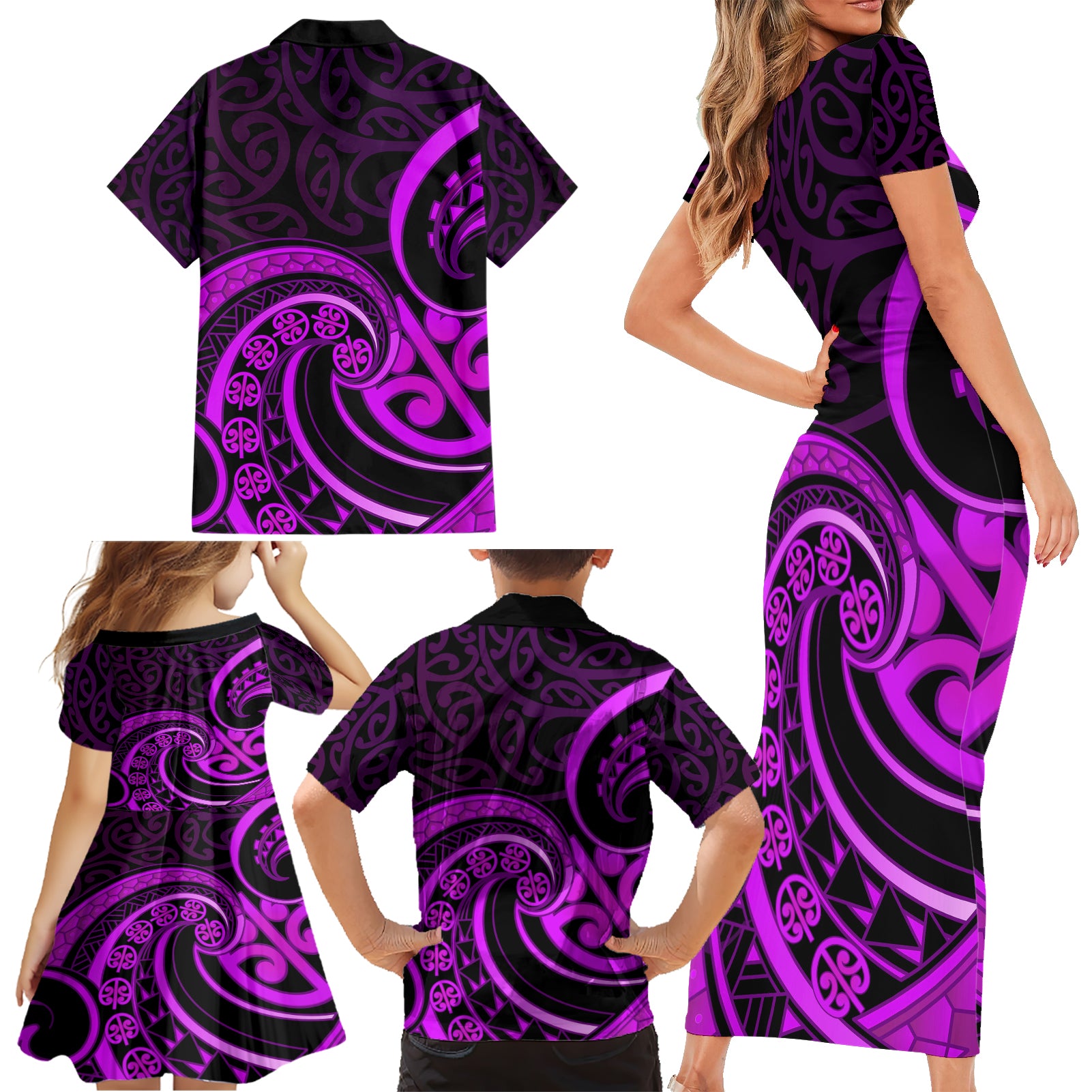 Purple Aotearoa Mangopare Family Matching Short Sleeve Bodycon Dress and Hawaiian Shirt NZ Maori Koru Style