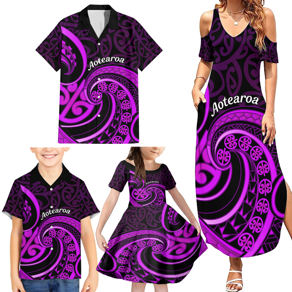 Purple Aotearoa Mangopare Family Matching Summer Maxi Dress and Hawaiian Shirt NZ Maori Koru Style