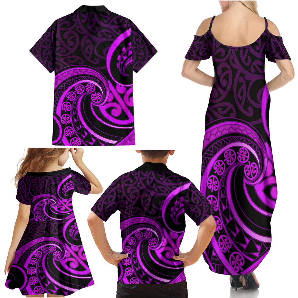 Purple Aotearoa Mangopare Family Matching Summer Maxi Dress and Hawaiian Shirt NZ Maori Koru Style