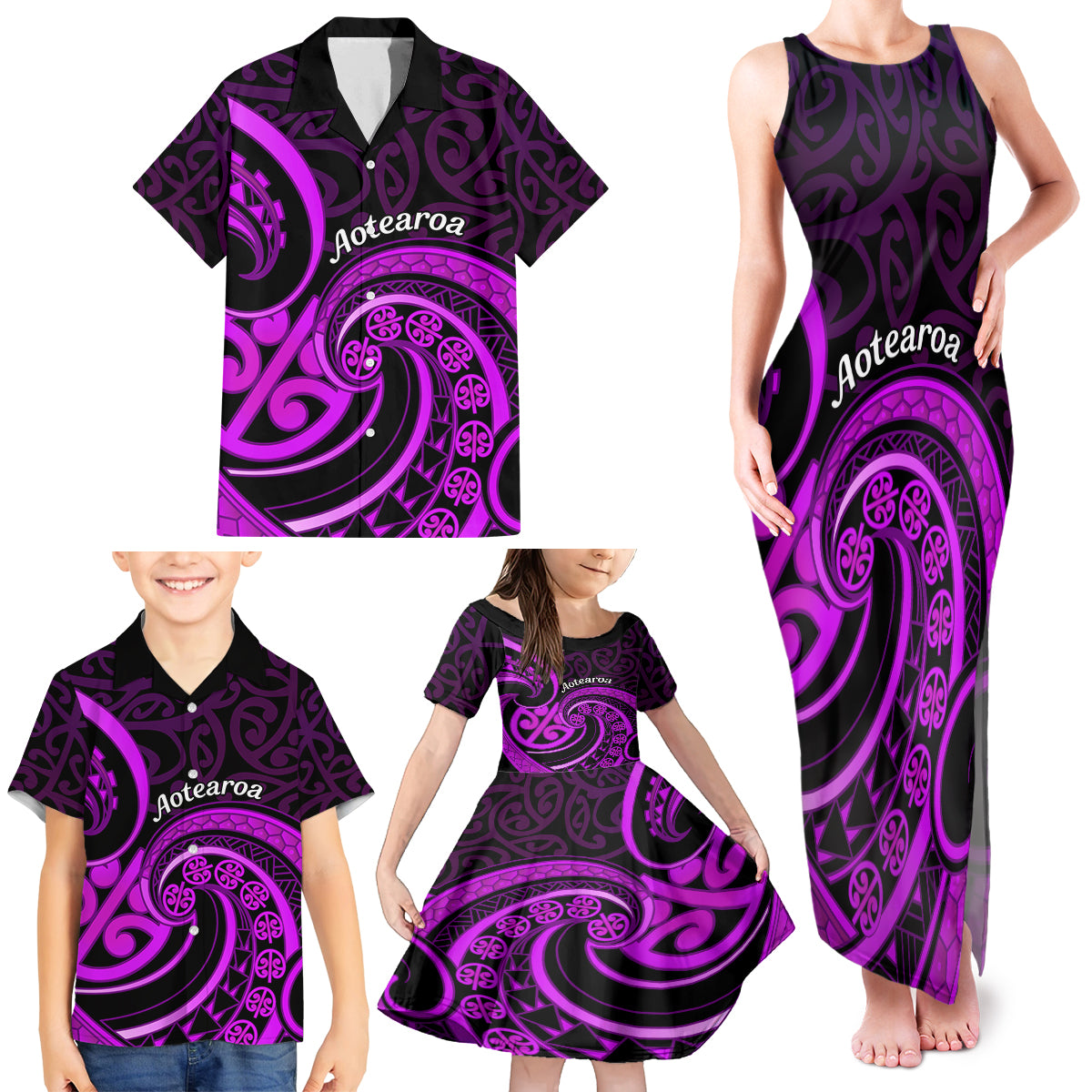 Purple Aotearoa Mangopare Family Matching Tank Maxi Dress and Hawaiian Shirt NZ Maori Koru Style
