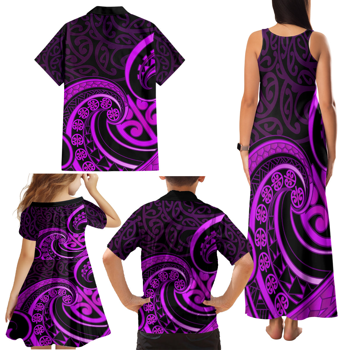 Purple Aotearoa Mangopare Family Matching Tank Maxi Dress and Hawaiian Shirt NZ Maori Koru Style