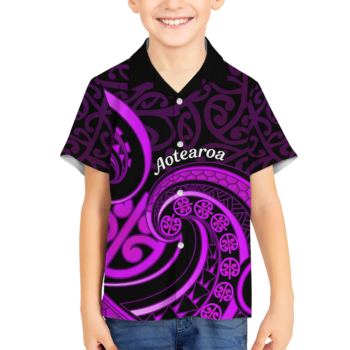 Purple Aotearoa Mangopare Kid Hawaiian Shirt NZ Maori Koru Style