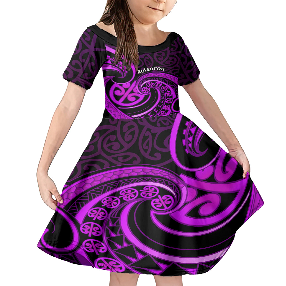 Purple Aotearoa Mangopare Kid Short Sleeve Dress NZ Maori Koru Style
