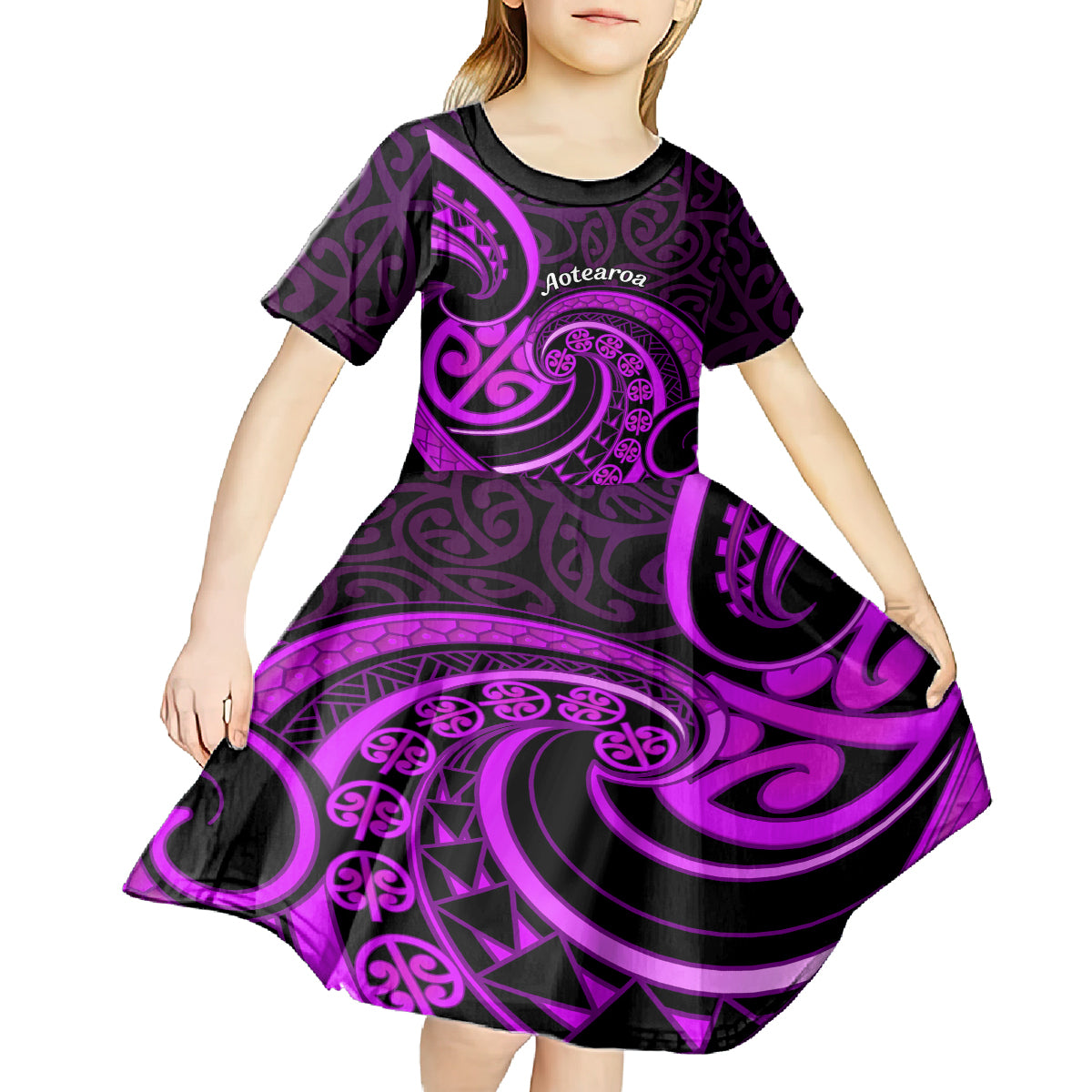 Purple Aotearoa Mangopare Kid Short Sleeve Dress NZ Maori Koru Style