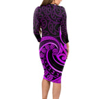 Purple Aotearoa Mangopare Long Sleeve Bodycon Dress NZ Maori Koru Style