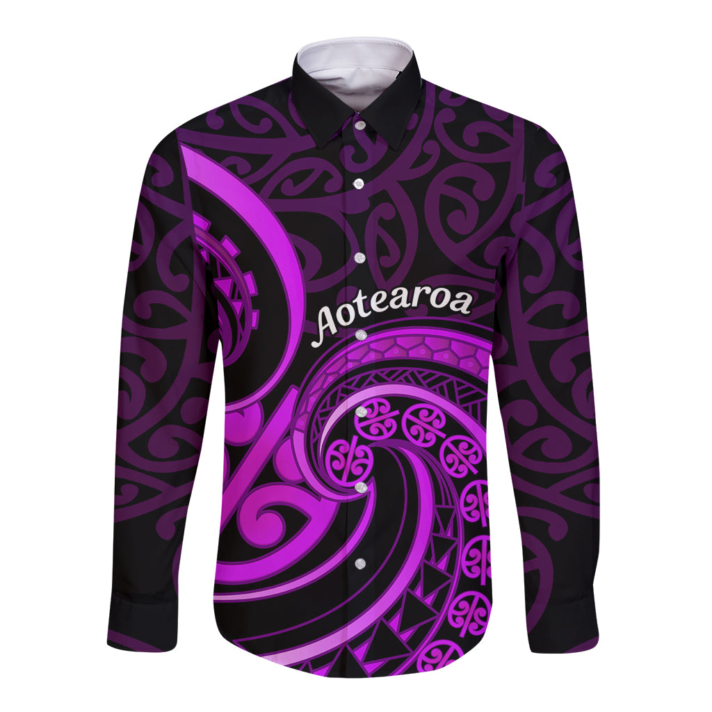 Purple Aotearoa Mangopare Long Sleeve Button Shirt NZ Maori Koru Style
