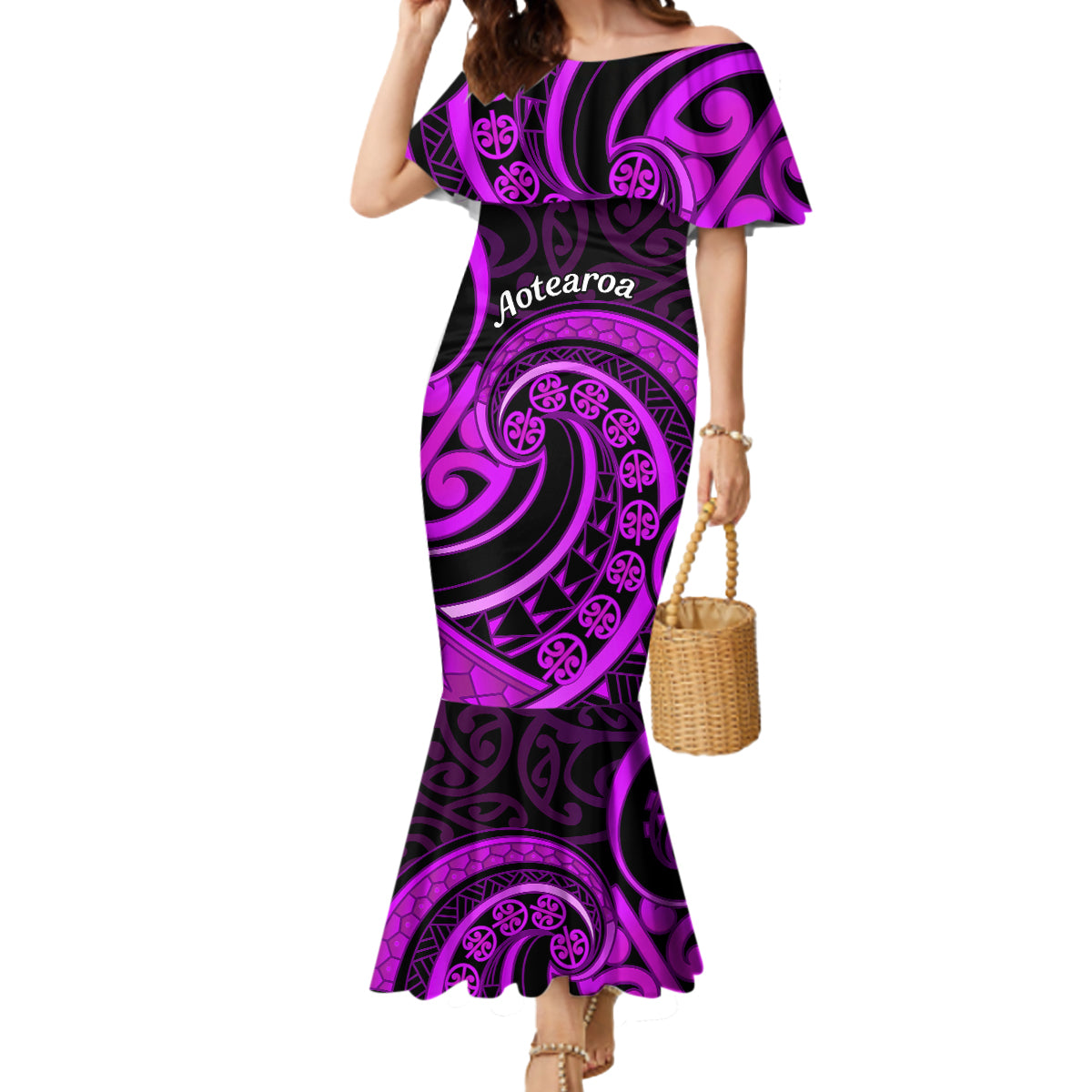 Purple Aotearoa Mangopare Mermaid Dress NZ Maori Koru Style