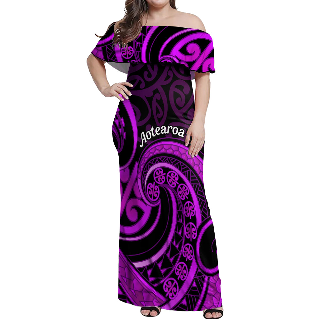 Purple Aotearoa Mangopare Off Shoulder Maxi Dress NZ Maori Koru Style