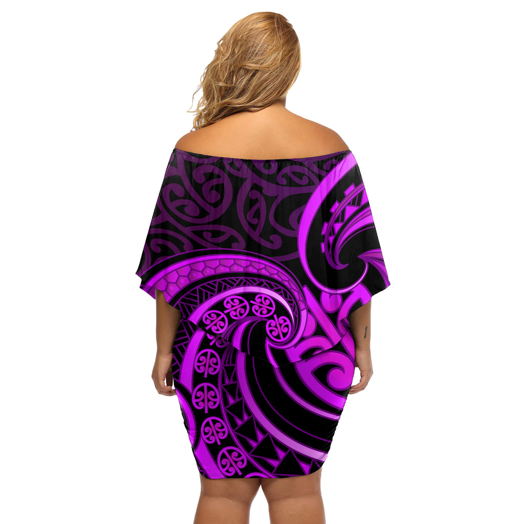 Purple Aotearoa Mangopare Off Shoulder Short Dress NZ Maori Koru Style