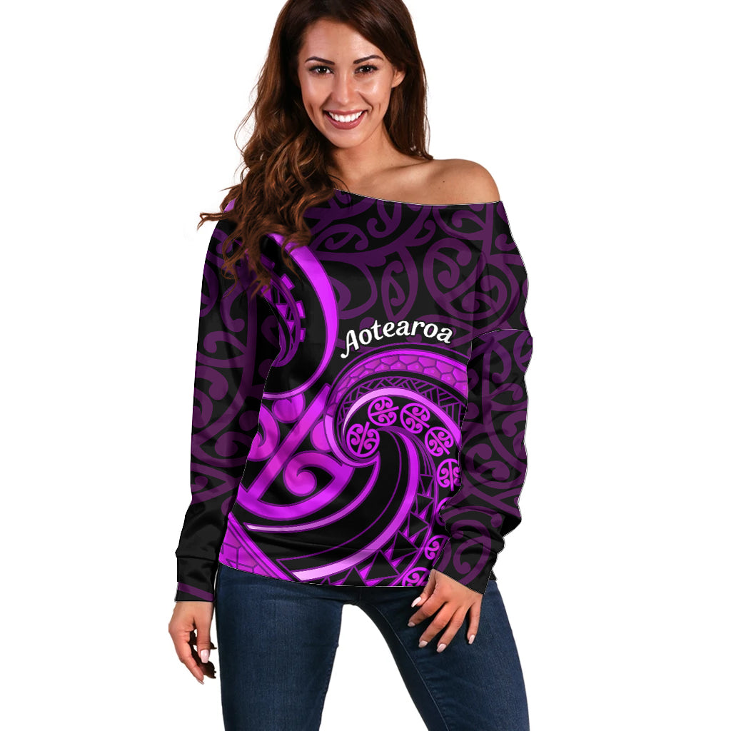 Purple Aotearoa Mangopare Off Shoulder Sweater NZ Maori Koru Style