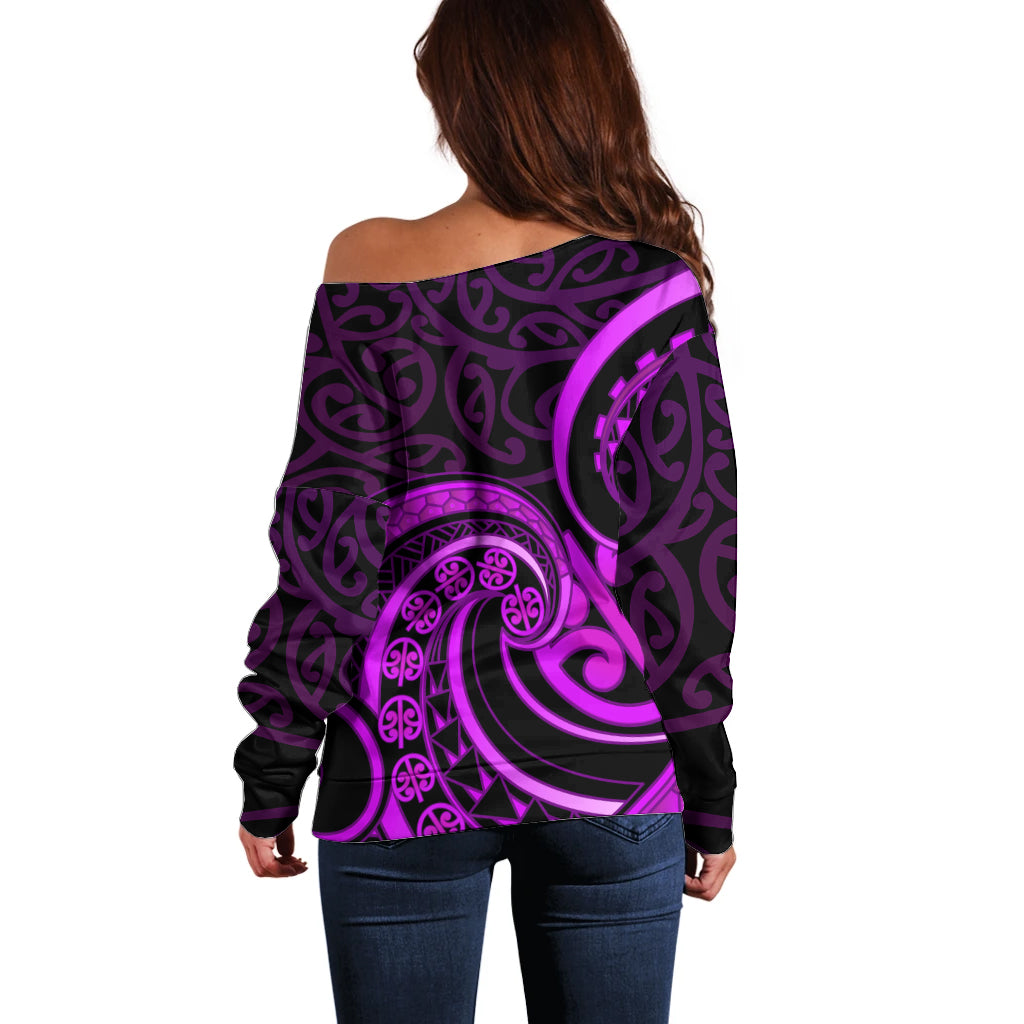 Purple Aotearoa Mangopare Off Shoulder Sweater NZ Maori Koru Style