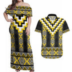 Yellow Taniko Aotearoa Couples Matching Off Shoulder Maxi Dress and Hawaiian Shirt Niho Taniwha Mix Poutama