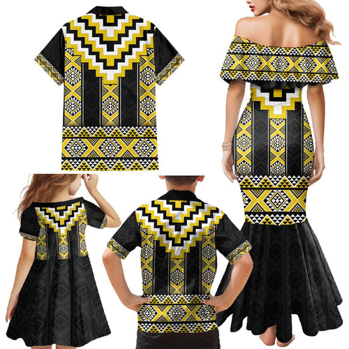 Yellow Taniko Aotearoa Family Matching Mermaid Dress and Hawaiian Shirt Niho Taniwha Mix Poutama