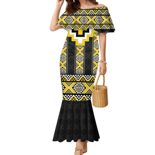 Yellow Taniko Aotearoa Family Matching Mermaid Dress and Hawaiian Shirt Niho Taniwha Mix Poutama