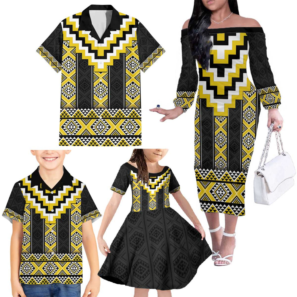 Yellow Taniko Aotearoa Family Matching Off The Shoulder Long Sleeve Dress and Hawaiian Shirt Niho Taniwha Mix Poutama