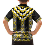 Yellow Taniko Aotearoa Family Matching Off Shoulder Maxi Dress and Hawaiian Shirt Niho Taniwha Mix Poutama