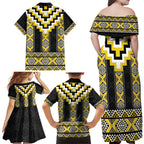 Yellow Taniko Aotearoa Family Matching Off Shoulder Maxi Dress and Hawaiian Shirt Niho Taniwha Mix Poutama