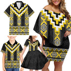 Yellow Taniko Aotearoa Family Matching Off Shoulder Short Dress and Hawaiian Shirt Niho Taniwha Mix Poutama