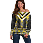 Yellow Taniko Aotearoa Off Shoulder Sweater Niho Taniwha Mix Poutama