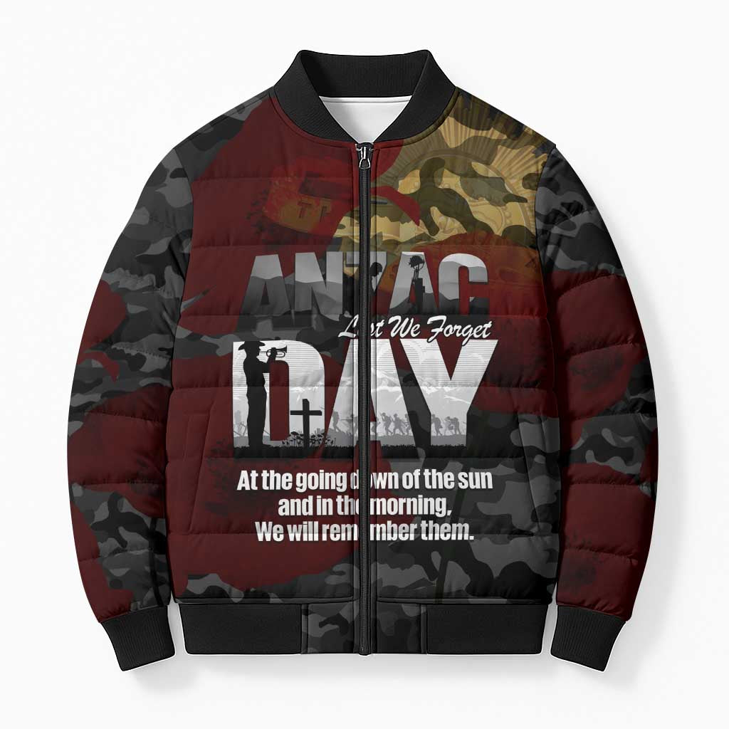 Australia ANZAC Day Bomber Puffer Jacket We Will Remember Them Poppy Camouflage - Aussie Hoodie