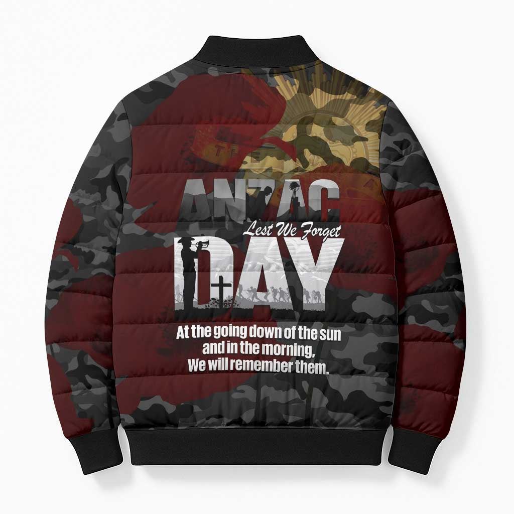 Australia ANZAC Day Bomber Puffer Jacket We Will Remember Them Poppy Camouflage - Aussie Hoodie