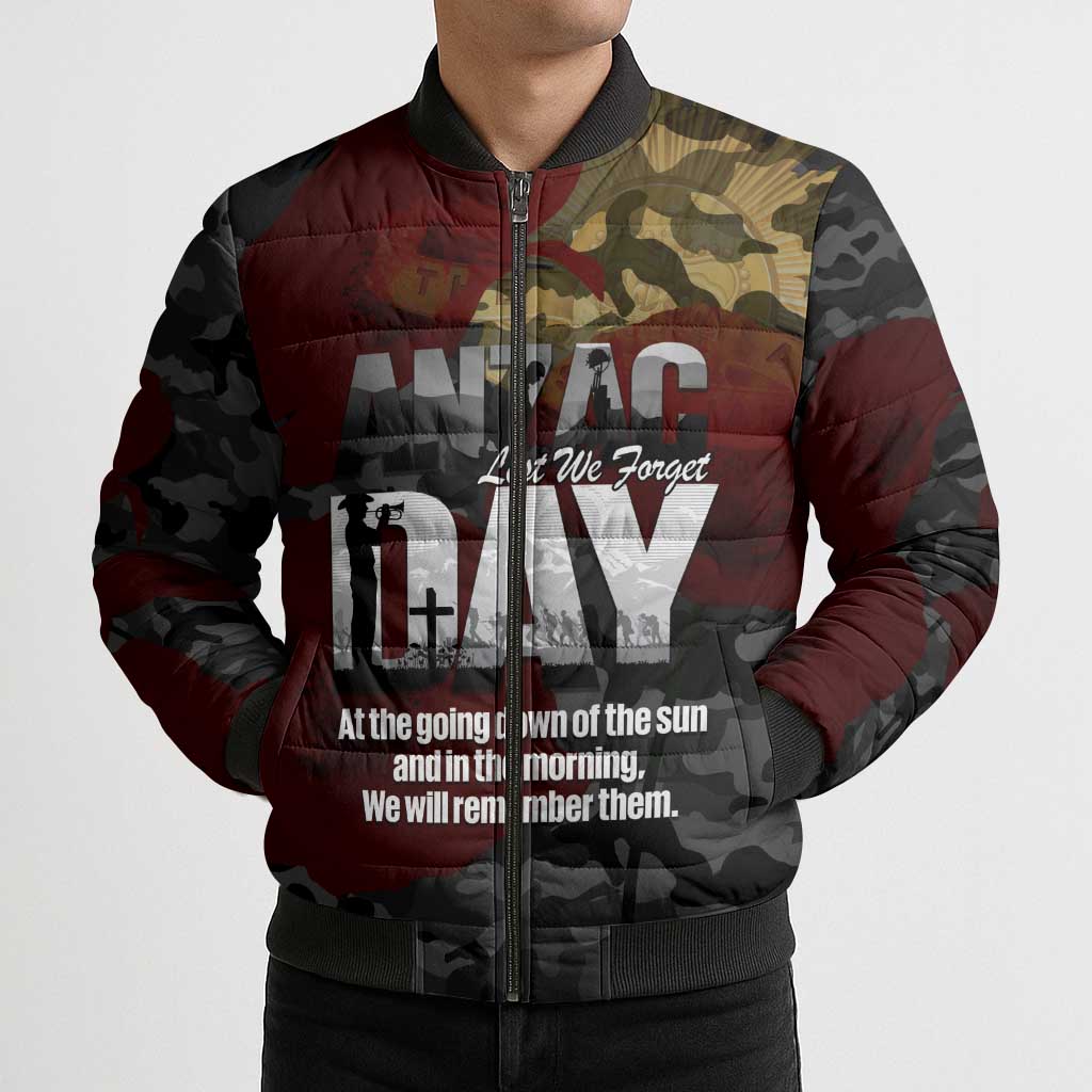 Australia ANZAC Day Bomber Puffer Jacket We Will Remember Them Poppy Camouflage - Aussie Hoodie