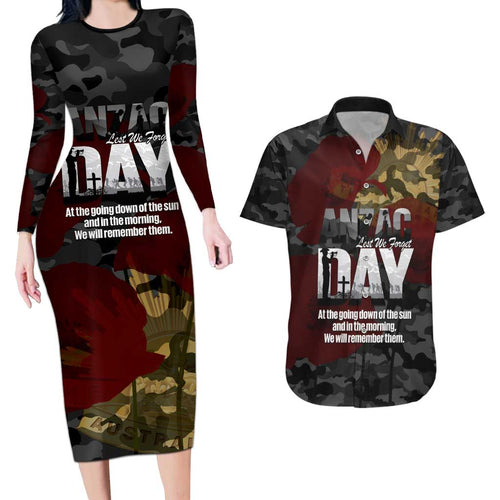 Australia ANZAC Day Couples Matching Long Sleeve Bodycon Dress and Hawaiian Shirt We Will Remember Them Poppy Camouflage - Aussie Hoodie