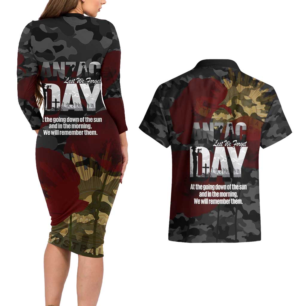 Australia ANZAC Day Couples Matching Long Sleeve Bodycon Dress and Hawaiian Shirt We Will Remember Them Poppy Camouflage - Aussie Hoodie