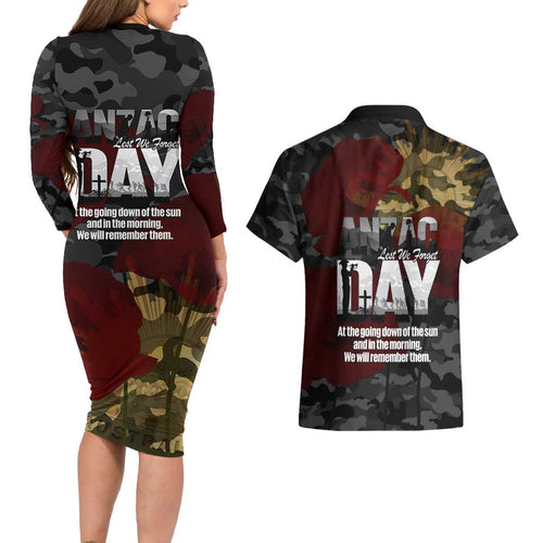 Australia ANZAC Day Couples Matching Long Sleeve Bodycon Dress and Hawaiian Shirt We Will Remember Them Poppy Camouflage - Aussie Hoodie
