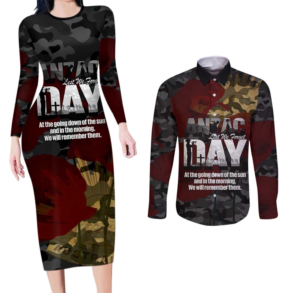 Australia ANZAC Day Couples Matching Long Sleeve Bodycon Dress and Long Sleeve Button Shirt We Will Remember Them Poppy Camouflage - Aussie Hoodie
