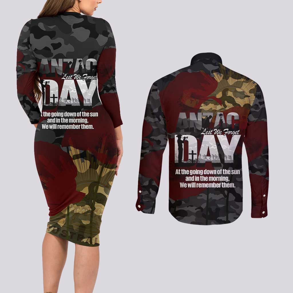 Australia ANZAC Day Couples Matching Long Sleeve Bodycon Dress and Long Sleeve Button Shirt We Will Remember Them Poppy Camouflage - Aussie Hoodie