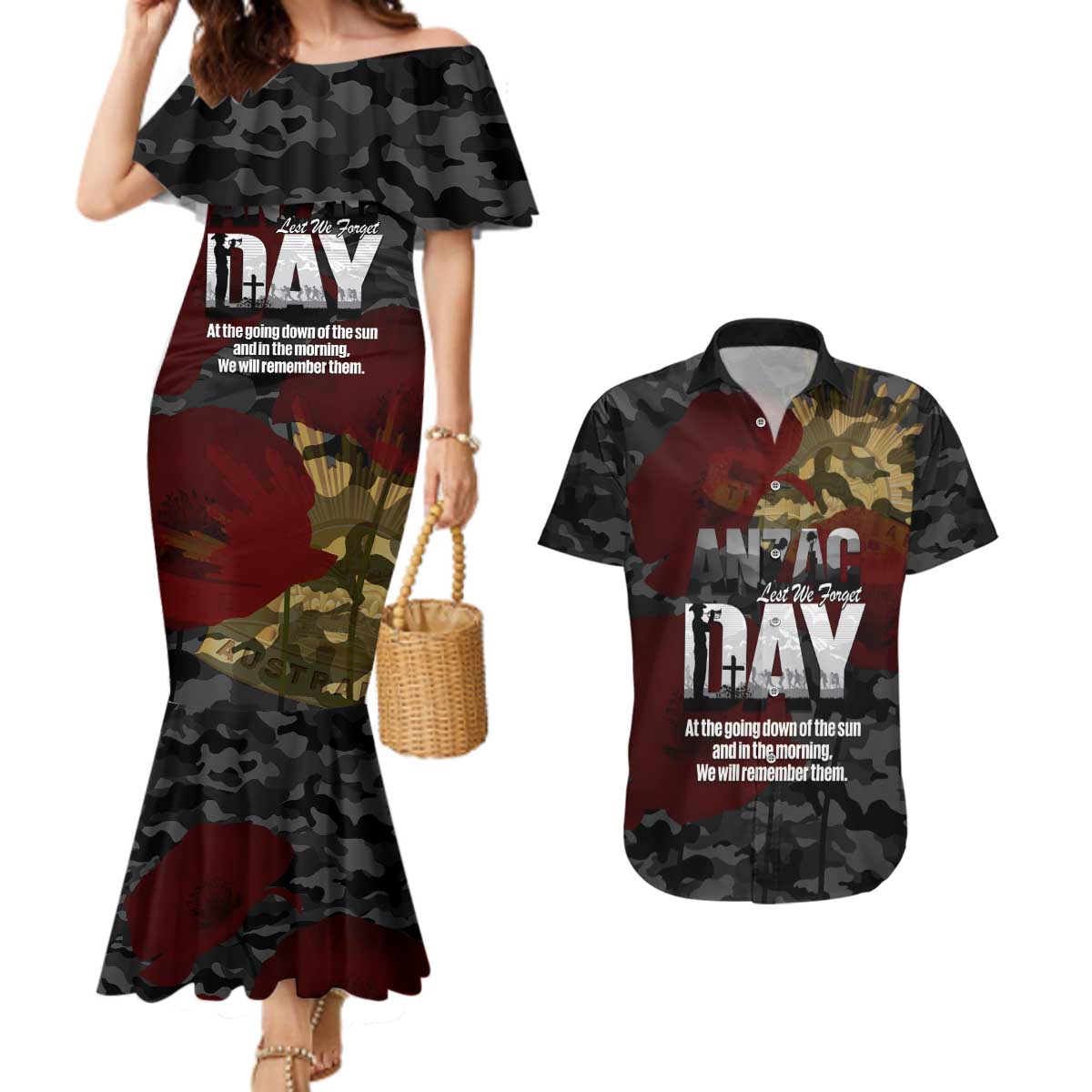 Australia ANZAC Day Couples Matching Mermaid Dress and Hawaiian Shirt We Will Remember Them Poppy Camouflage - Aussie Hoodie