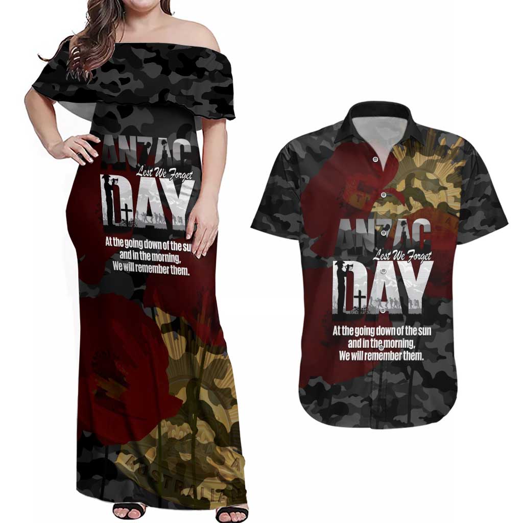 Australia ANZAC Day Couples Matching Off Shoulder Maxi Dress and Hawaiian Shirt We Will Remember Them Poppy Camouflage - Aussie Hoodie