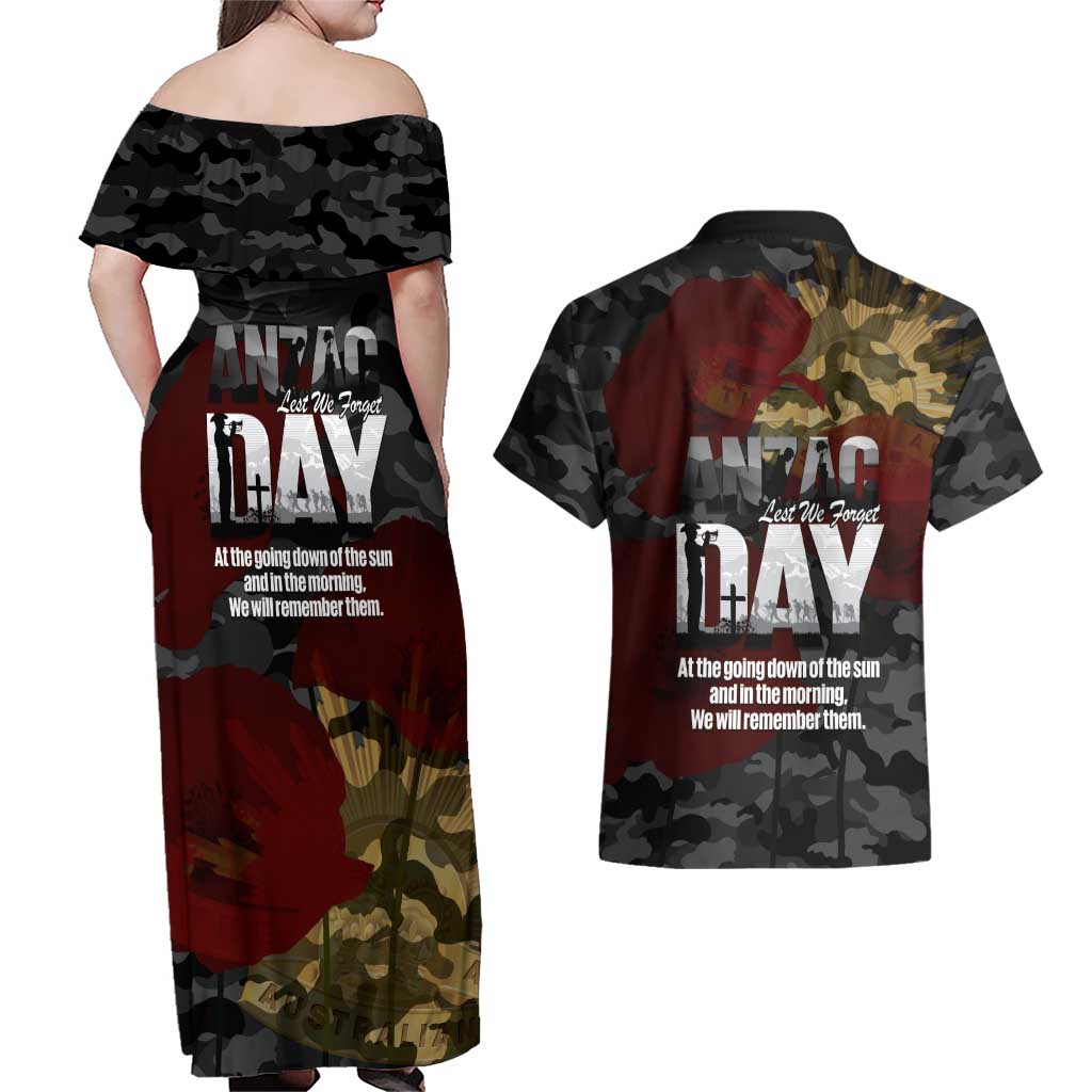 Australia ANZAC Day Couples Matching Off Shoulder Maxi Dress and Hawaiian Shirt We Will Remember Them Poppy Camouflage - Aussie Hoodie