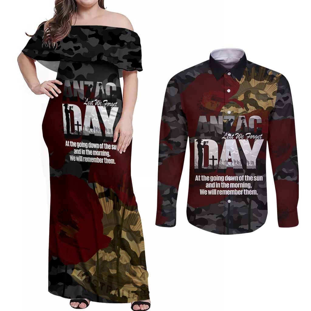 Australia ANZAC Day Couples Matching Off Shoulder Maxi Dress and Long Sleeve Button Shirt We Will Remember Them Poppy Camouflage - Aussie Hoodie