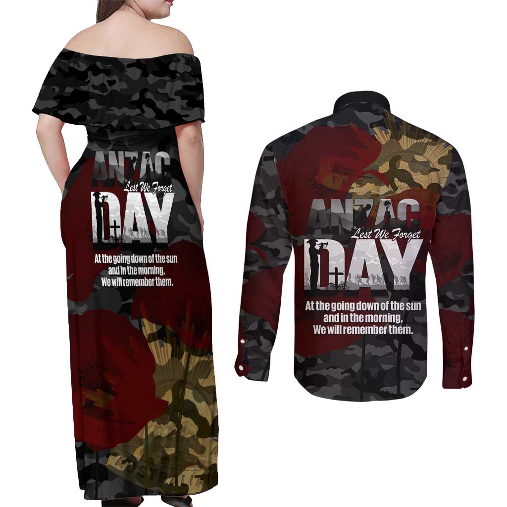 Australia ANZAC Day Couples Matching Off Shoulder Maxi Dress and Long Sleeve Button Shirt We Will Remember Them Poppy Camouflage - Aussie Hoodie