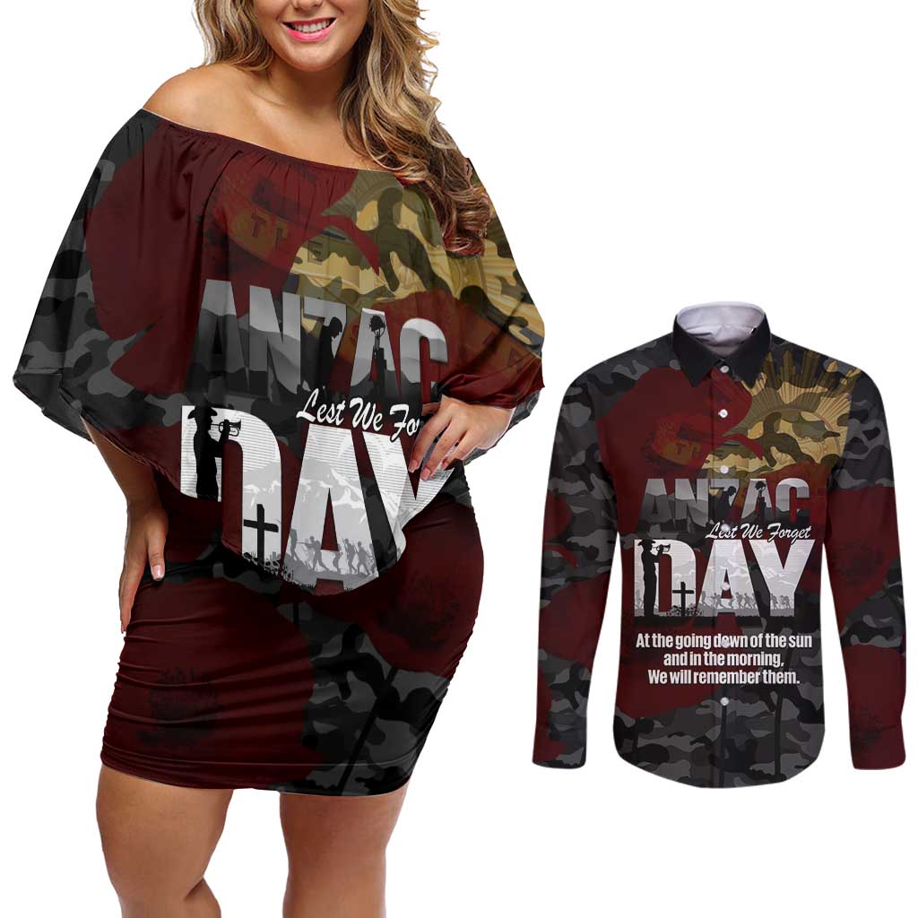 Australia ANZAC Day Couples Matching Off Shoulder Short Dress and Long Sleeve Button Shirt We Will Remember Them Poppy Camouflage - Aussie Hoodie