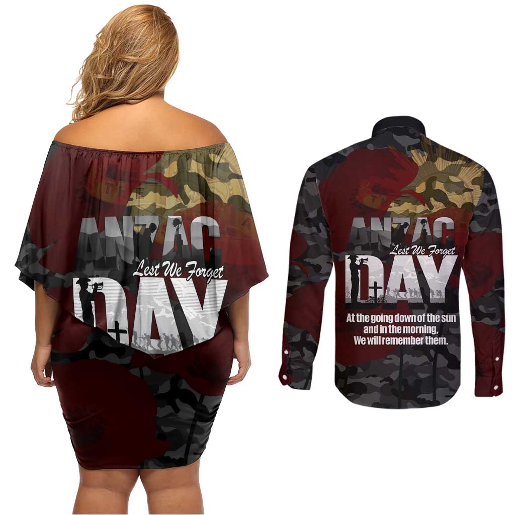 Australia ANZAC Day Couples Matching Off Shoulder Short Dress and Long Sleeve Button Shirt We Will Remember Them Poppy Camouflage - Aussie Hoodie