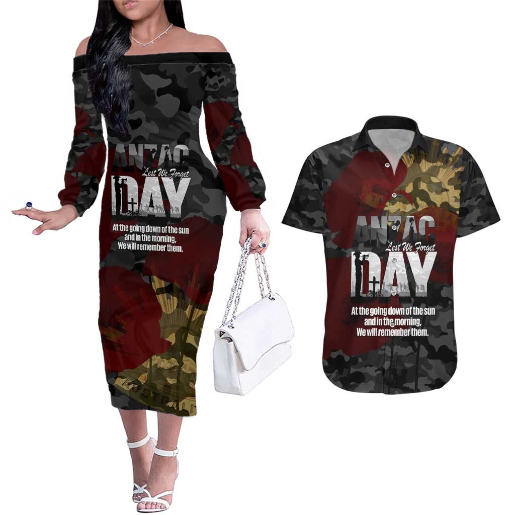 Australia ANZAC Day Couples Matching Off The Shoulder Long Sleeve Dress and Hawaiian Shirt We Will Remember Them Poppy Camouflage - Aussie Hoodie