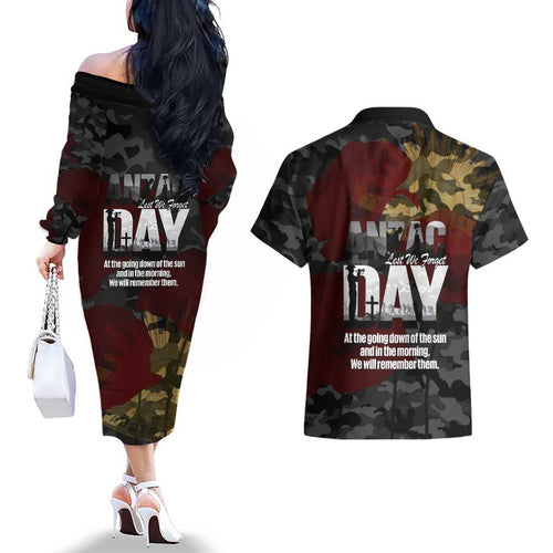 Australia ANZAC Day Couples Matching Off The Shoulder Long Sleeve Dress and Hawaiian Shirt We Will Remember Them Poppy Camouflage - Aussie Hoodie