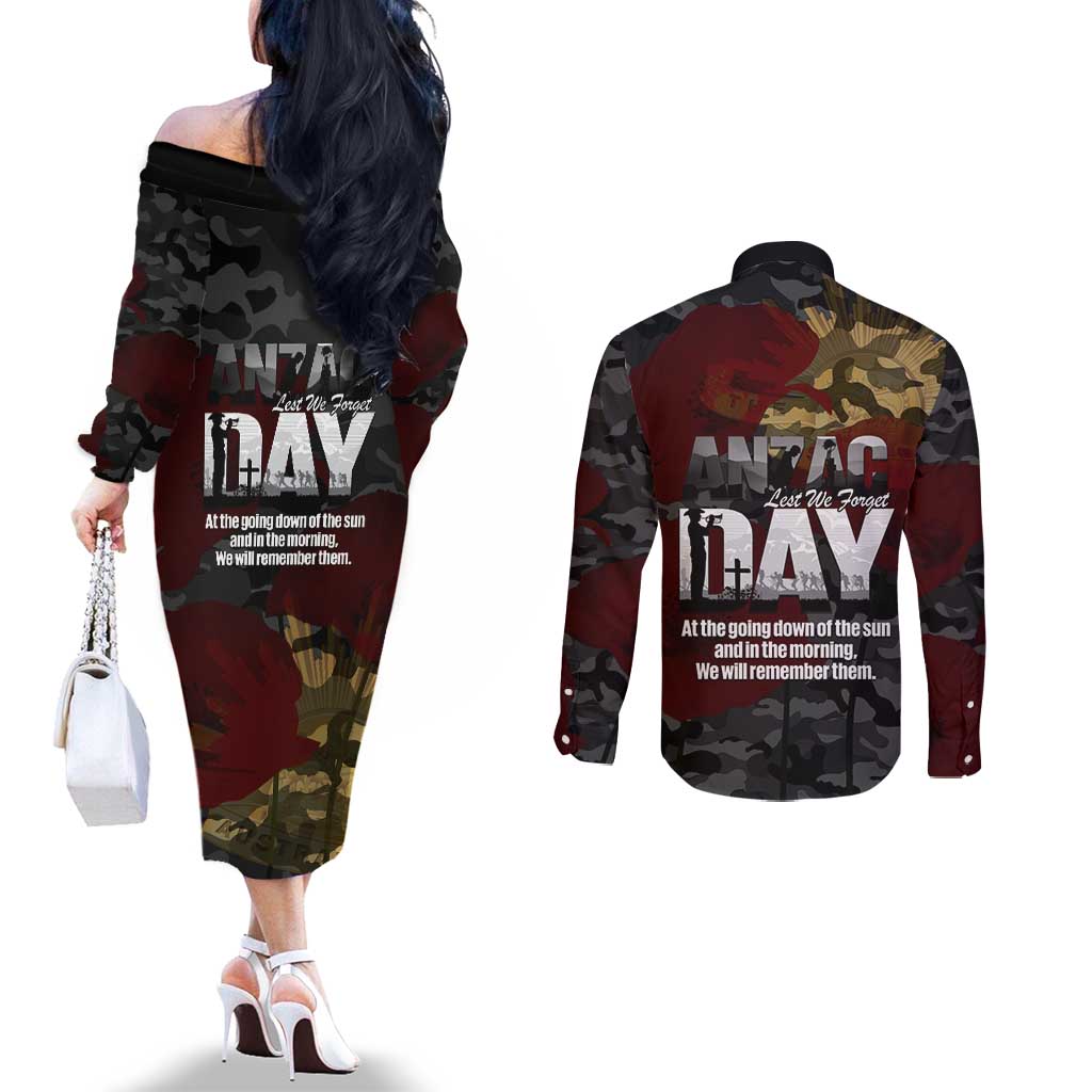 Australia ANZAC Day Couples Matching Off The Shoulder Long Sleeve Dress and Long Sleeve Button Shirt We Will Remember Them Poppy Camouflage - Aussie Hoodie