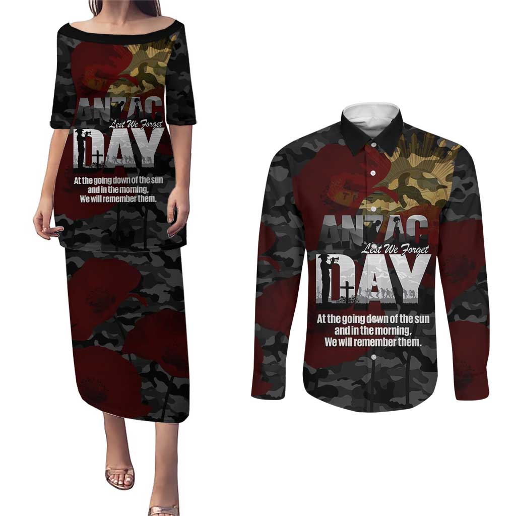 Australia ANZAC Day Couples Matching Puletasi and Long Sleeve Button Shirt We Will Remember Them Poppy Camouflage - Aussie Hoodie