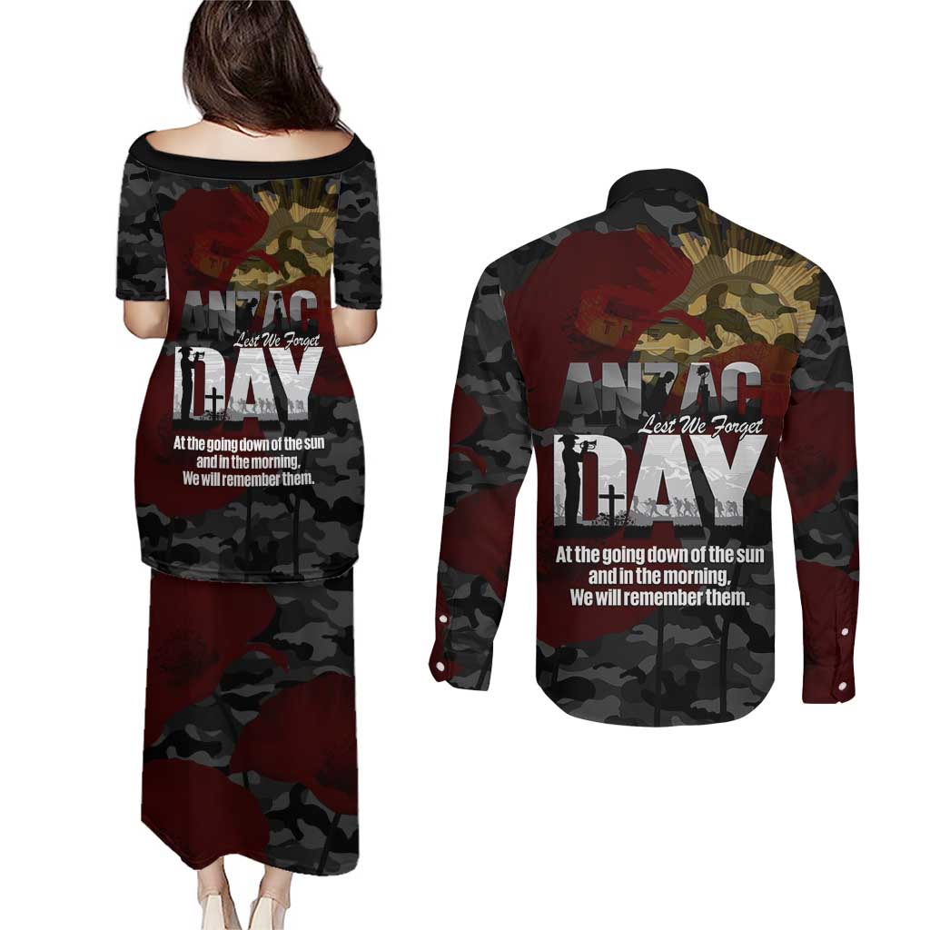 Australia ANZAC Day Couples Matching Puletasi and Long Sleeve Button Shirt We Will Remember Them Poppy Camouflage - Aussie Hoodie