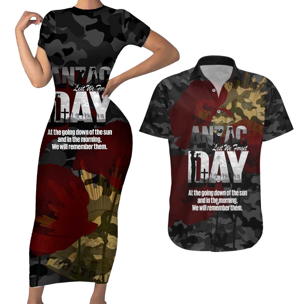Australia ANZAC Day Couples Matching Short Sleeve Bodycon Dress and Hawaiian Shirt We Will Remember Them Poppy Camouflage - Aussie Hoodie